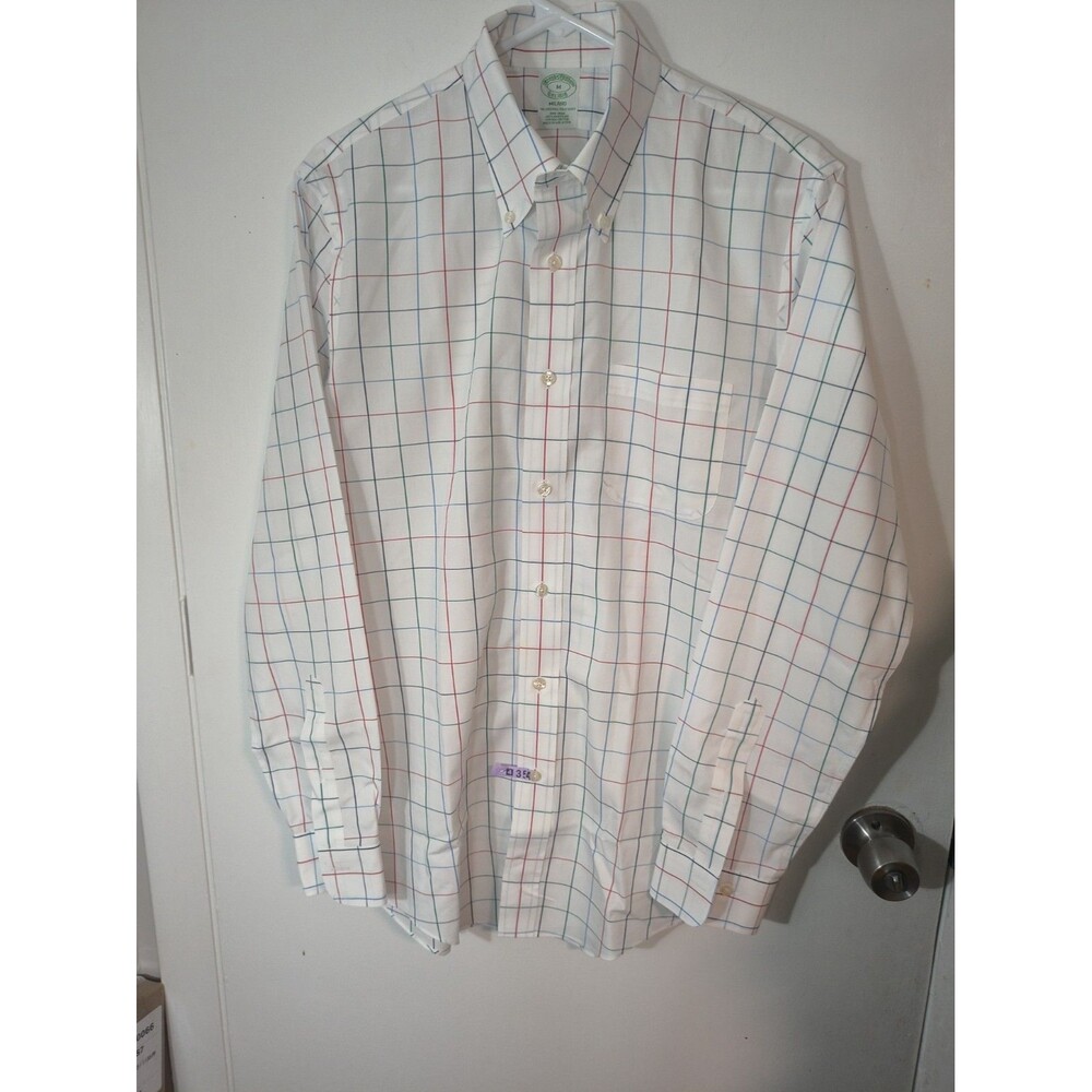 BROOKS BROTHERS Milano Fit Shirt MensMNon-Iron Supima Cotton Stretch White Plaid